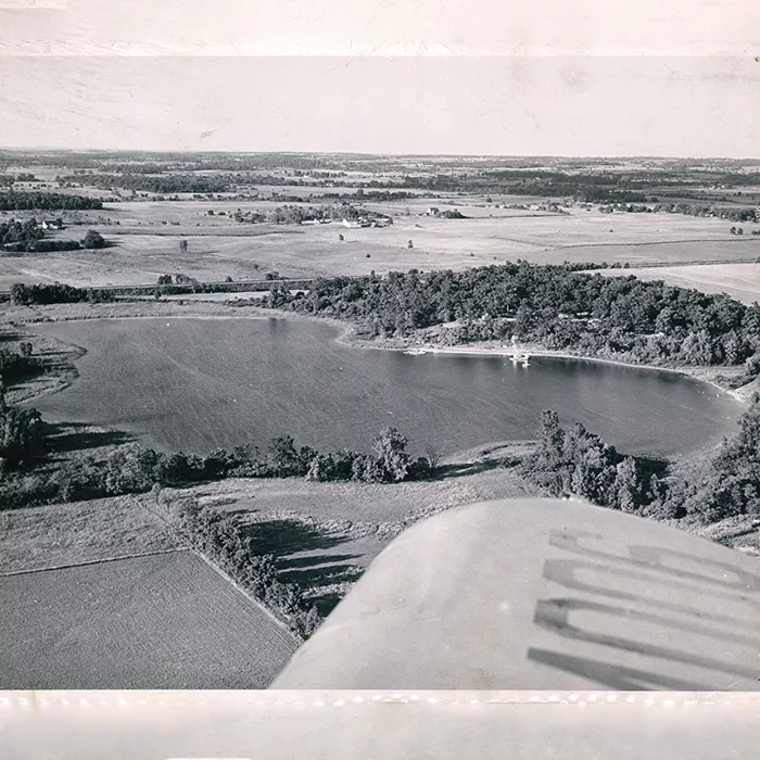 historical aerial view of the camp lake